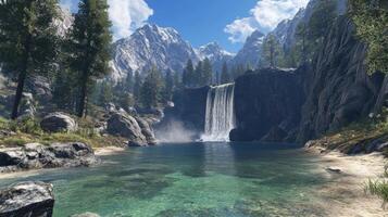 A serene mountain landscape with a cascading waterfall. photo