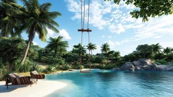 Tropical paradise swing set over shallow lagoon. photo