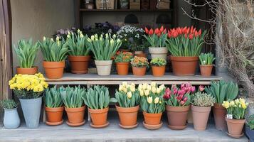 Colorful flower pots arranged on display shelves. photo
