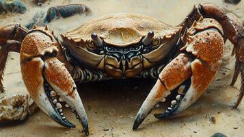 Close-up view of a large crab on a sandy surface. photo