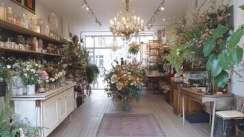Interior of a charming floral shop filled with bouquets and home goods. photo