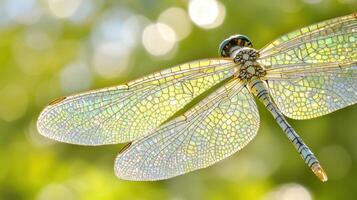 Close-up view of a dragonfly's translucent wings. photo