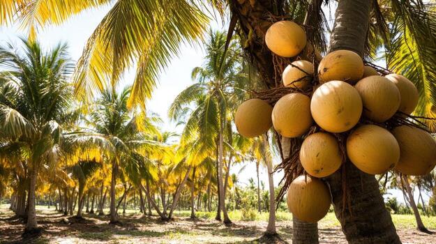 Tropical palm trees with clusters of coconuts. photo