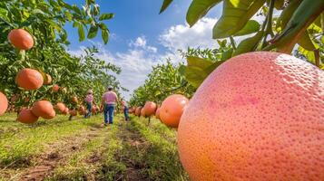 Freshly harvested grapefruit orchard scene. photo