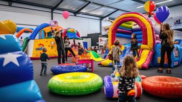 Indoor play area filled with colorful inflatable structures. photo