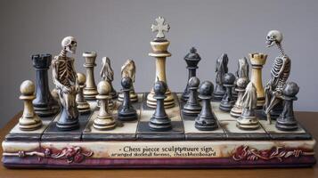 Intricate chess set featuring skeletal figures. photo