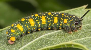 Close-up of a vibrant, speckled caterpillar on a leaf. photo