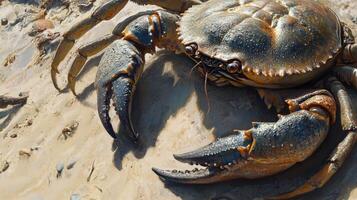 Large crab resting on sandy shore, showcasing powerful claws. photo