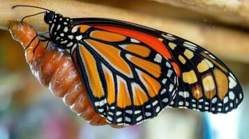 Close-up view of a monarch butterfly emerging from its chrysalis. photo