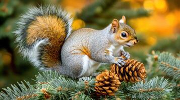 Gray squirrel perched atop pine branches with a pine cone. photo