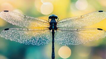 Close-up view of a dragonfly with vibrant background. photo