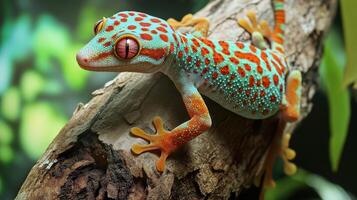 A colorful gecko perched on a weathered branch. photo