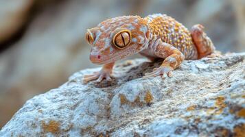 Close-up of a speckled gecko on a light stone. photo