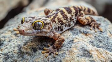 Close-up view of a gecko resting on rough rock. photo