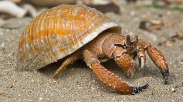 Close-up of a hermit crab in its shell on the sand. photo