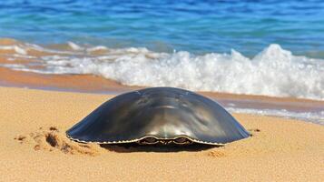 Dark shell sea creature on sandy beach. photo