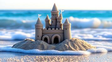 Sandy castle stands on the shore, bathed in golden light. photo