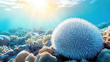A serene underwater scene featuring a sea urchin. photo