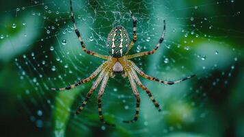 Close-up view of a spider in a glistening web. photo