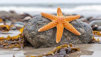 Closeup of a starfish resting on a grey rock by the ocean. photo