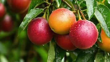 Close-up of colorful fruits on a branch. photo