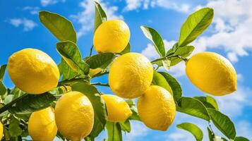 Close-up view of bright yellow lemons on a branch. photo