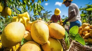 Close-up view of workers harvesting a crop of yellow fruits. photo
