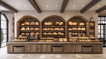 Interior design of a rustic bakery display. photo