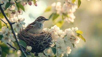 Springtime scene of small bird nestled in a blossoming tree. photo