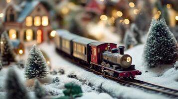 Miniature train passing through a snowy village scene. photo
