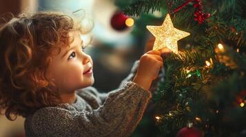 A toddler decorates a festive Christmas tree. photo