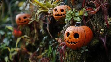 Decorative carved pumpkins among foliage. photo