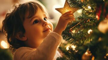 A toddler's joyful expression while decorating a Christmas tree. photo