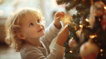 A child decorates a holiday tree with a star ornament. photo