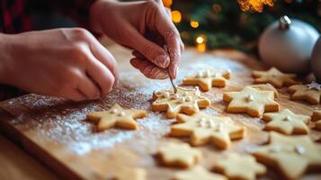 Festive cookies decorated by hands close-up. photo