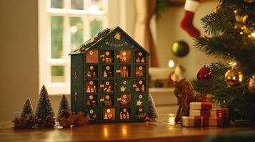 Charming wooden advent calendar with festive decorations. photo