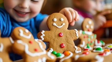 Close-up view of a child enjoying gingerbread cookies. photo