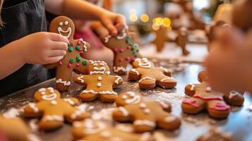 Children decorating gingerbread cookies together. photo