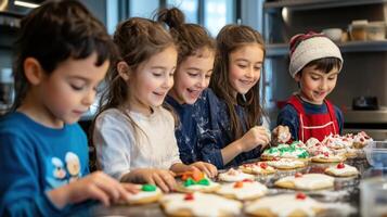 Children decorating cookies in a kitchen setting. photo
