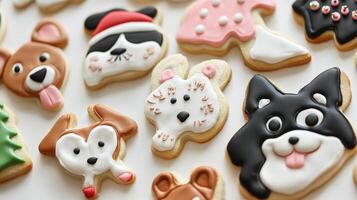 Festive decorated animal-shaped cookies arranged on a white surface. photo