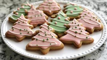 Festive Christmas tree-shaped cookies on a plate. photo