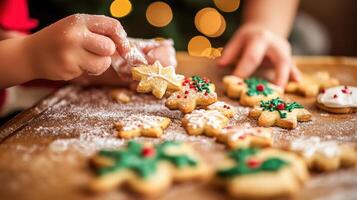 Close-up of children decorating holiday cookies. photo