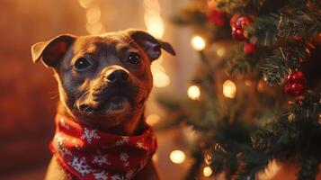 Festive dog portrait in front of a decorated Christmas tree. photo