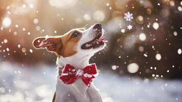 Festive dog in the snow, joyfully looking up. photo