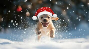 Playful puppy in a santa hat running through snowy landscape. photo