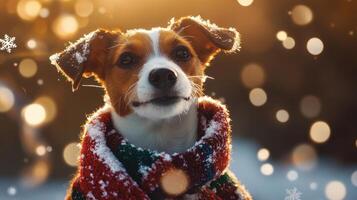Festive, snow-covered dog portrait in winter wonderland. photo