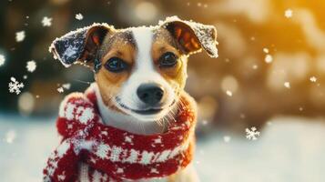 Adorable dog wearing scarf in winter snowfall. photo