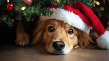 A golden retriever beneath a festive Christmas tree. photo