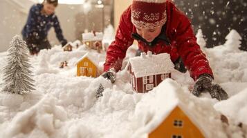 Child meticulously arranging miniature houses in a snowy diorama. photo