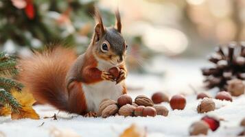 Winter scene of a squirrel eating nuts. photo